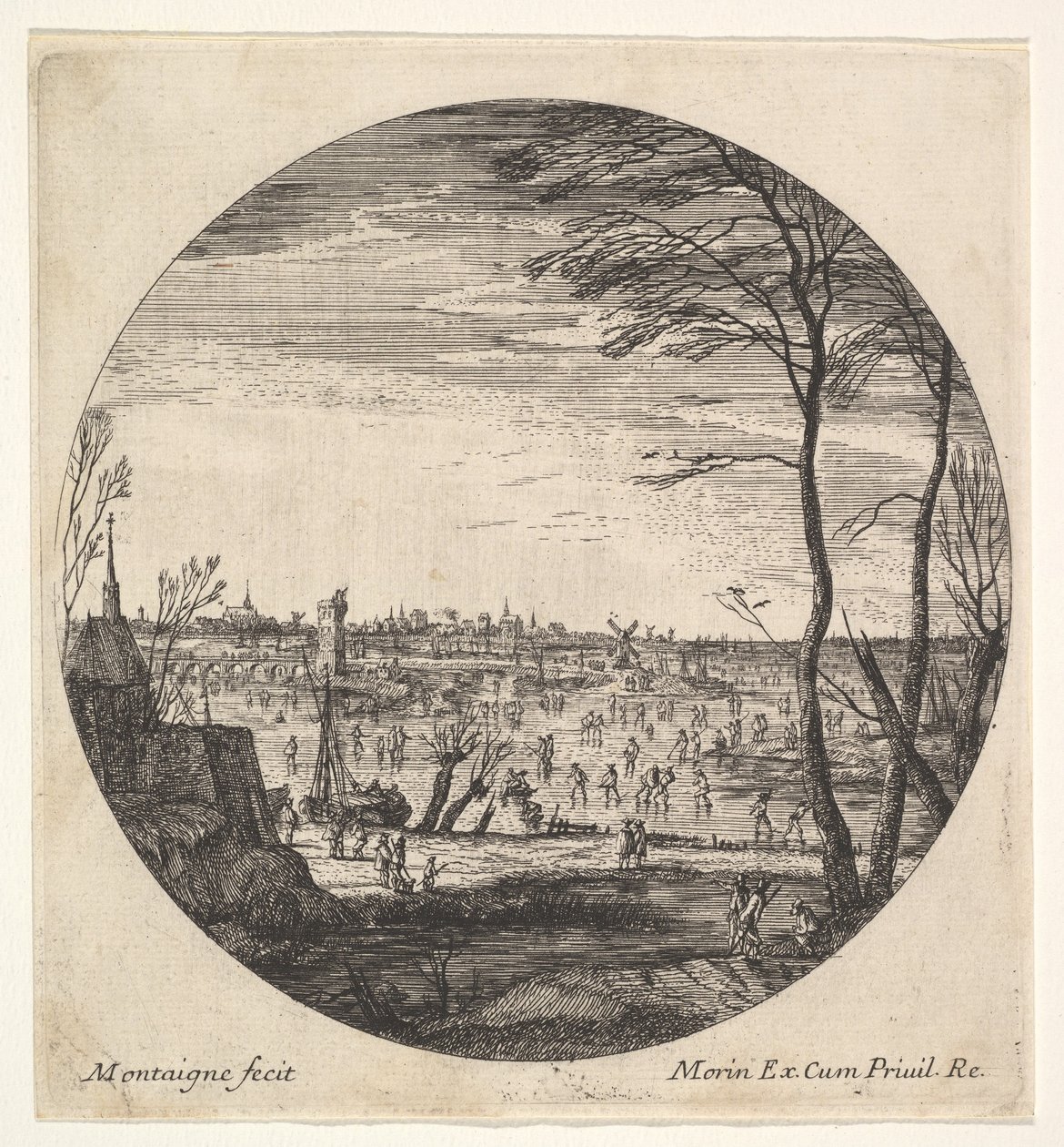 منظر طبيعي شتوي بأشكال تتزلج على جسم مائي متجمد في تركيبات دائرية ... ، كاليفورنيا. 1625-60. بواسطة ماتيس فان بلاتنبرغ