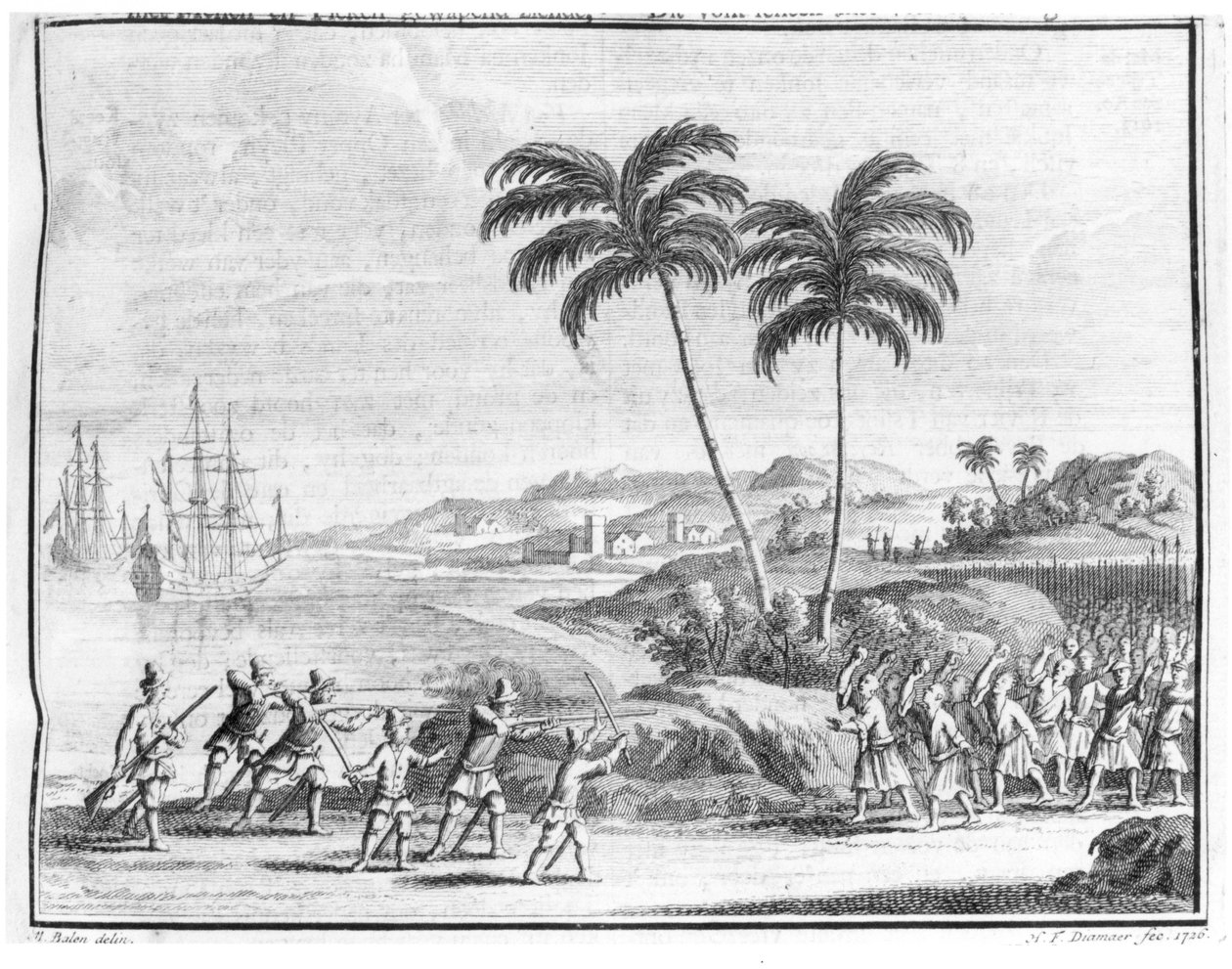نصب كمينًا لحادث هبوط هولندي في جزر الهند الشرقية من Oud en Nieuw Oost-Indien 1724-26 بواسطة Valentijn ، محفور بواسطة Diamaer ، 1726 بواسطة ماتيس بالين