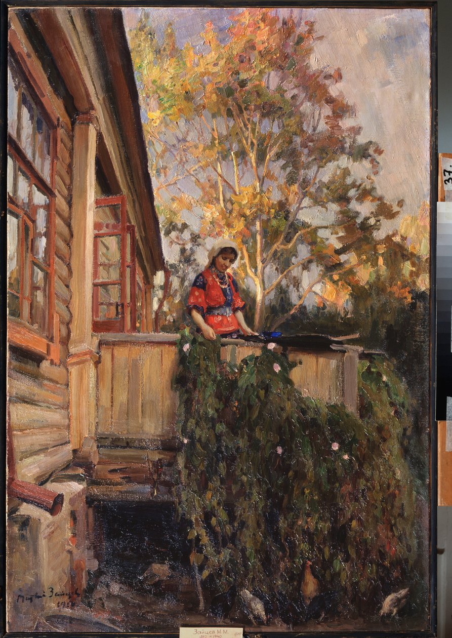 على الشرفة - رسم لماتفي ماركوفيتش زايتسيف (1880-1940) ، زيت على قماش بواسطة ماتفي ماركوفيتش زايتسيف