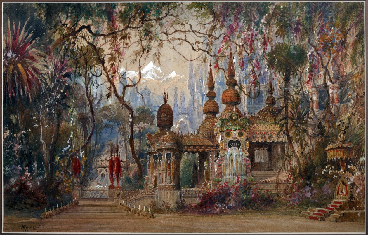 تصميم مسرحي لأوبرا رسلان وليودميلا بقلم إم جلينكا بار شيشكوف وماتفي أندرييفيتش (1832-1897). قلم وفرشاة وألوان مائية وحبر ولون أبيض على ورق بواسطة ماتفي أندرييفيتش شيشكوف