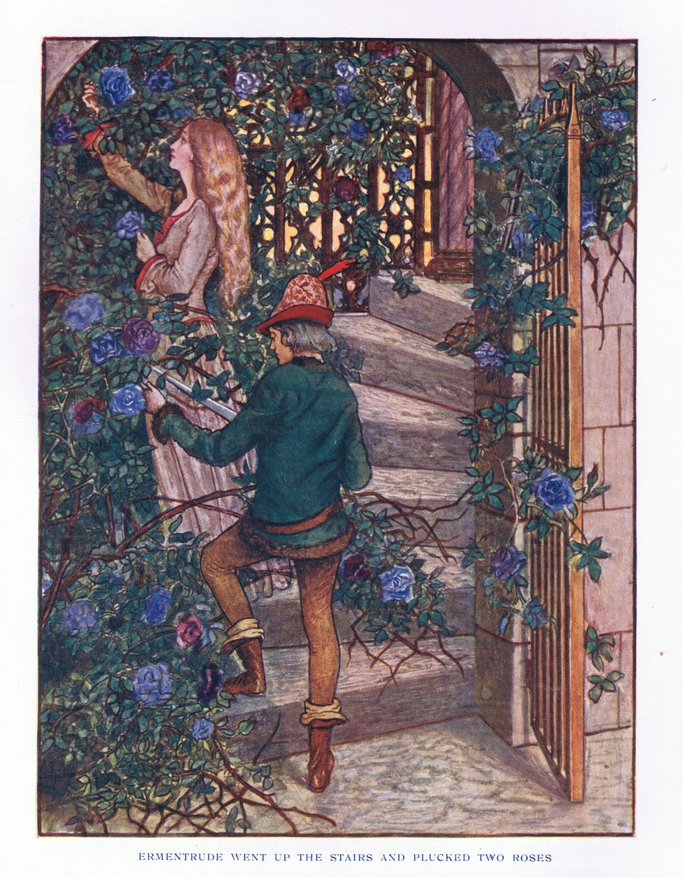 صعد Ermentrude الدرج وانتزع الورود ، رسم توضيحي من حكايات ليدي Anns Fairy ، 1914 بواسطة مود تيندال أتكينسون