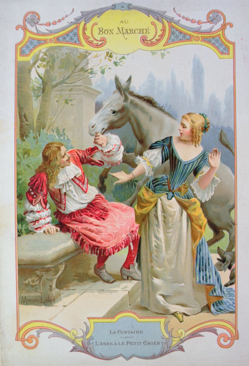 الحمار والكلب الصغير ، من Fables بقلم جان دي لافونتين (1621-1695) ، الإعلان عن متجر Au Bon Marche متعدد الأقسام بواسطة موريس ليلوار