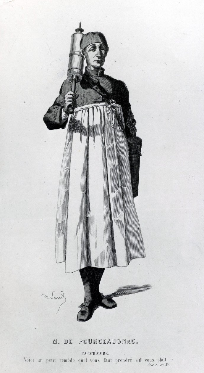 يأتي Apothecary مع حقنة لـ Monsieur de Pourceaugnac ، مأخوذة من "Oeuvres يكمل de Moliere" ، 1669 بواسطة موريس ساند