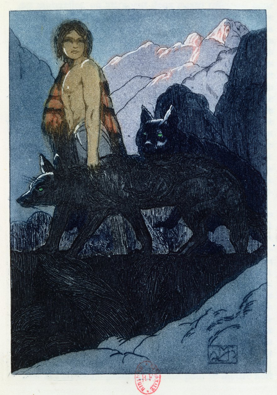 ماوكلي والذئاب ، رسم توضيحي من كتاب الأدغال بقلم روديارد كيبلينج (1865-1936) نُشر في باريس عام 1930 بواسطة موريس دي بيك