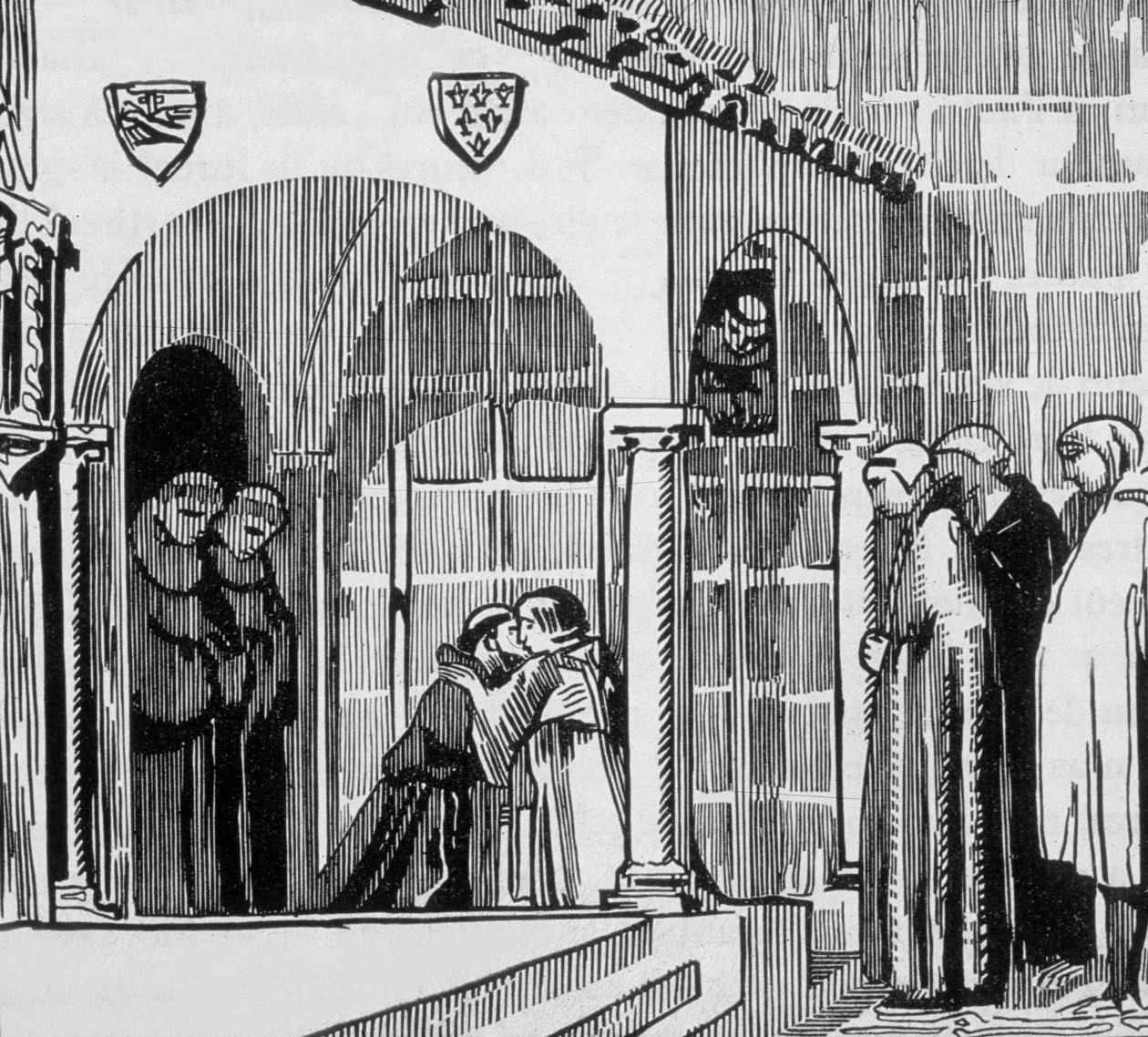 الملك الفرنسي سانت لويس (لويس التاسع 1214-1270) كحاج يزور سانت فرير جيل في بيروجيا، نقشه جاك بلتراند بعد رسم موريس دينيس بواسطة موريس (بعد) دينيس