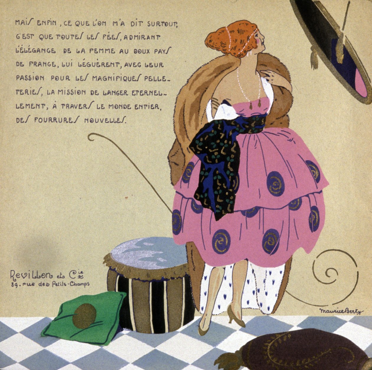 امرأة أمام مرآتها ، إعلان عن فراء ريفيلون ، ج. 1920-1930 (رسم توضيحي) بواسطة موريس بيرتي