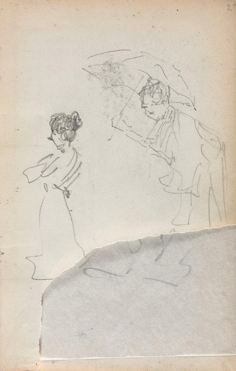 كراسة الرسم الإيطالية: امرأة واقفة في الملف الشخصي ورجل بمظلة صفحة 2 ، 1898-1899. بواسطة موريس برازيل برندرغاست