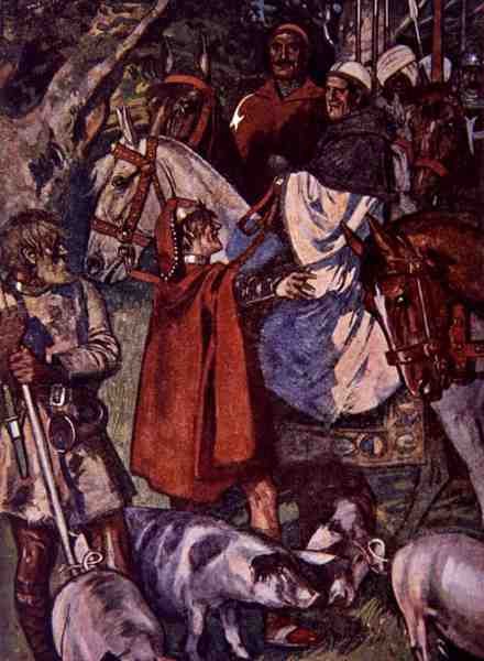 "تقديرك يجب أن يستمر في هذا الطريق حتى تصل إلى صليب غارق" ، رسم توضيحي من "Ivanhoe للأولاد والبنات" ، أعاد سرده أليس جاكسون ، حانة. 1924 (ليثو) بواسطة موريس غريفنهاغن