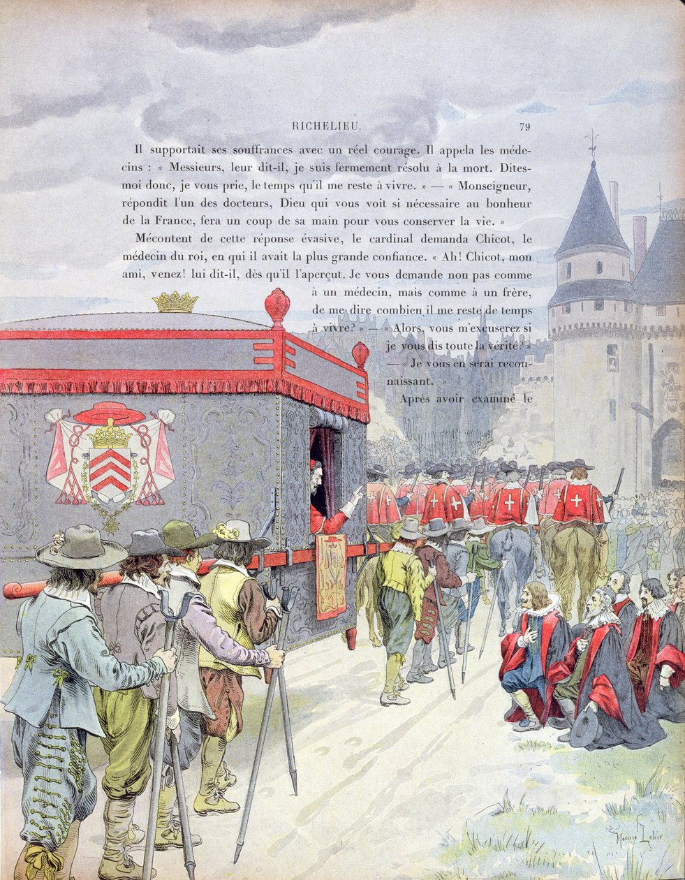 Armand-Jean du Plessis ، الكاردينال ريشيليو (1585-1642) يسافر في القمامة عندما يكون رجل عجوز ، التوضيح من حياة ريشيليو بواسطة ثيودور كامو ، 1910 بواسطة موريس ليلوار