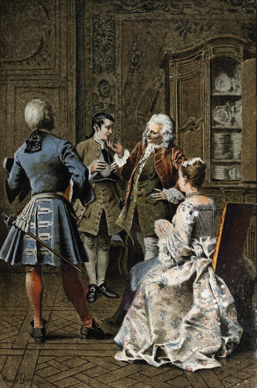 Chez monsieur de GM - في "تاريخ Manon Lescaut و Chevalier Des Grieux" للكاتب الفرنسي لاب بريفوست (1697-1763). نقش بعد رسومات موريس ليلوار (1885). بواسطة موريس ليلوار