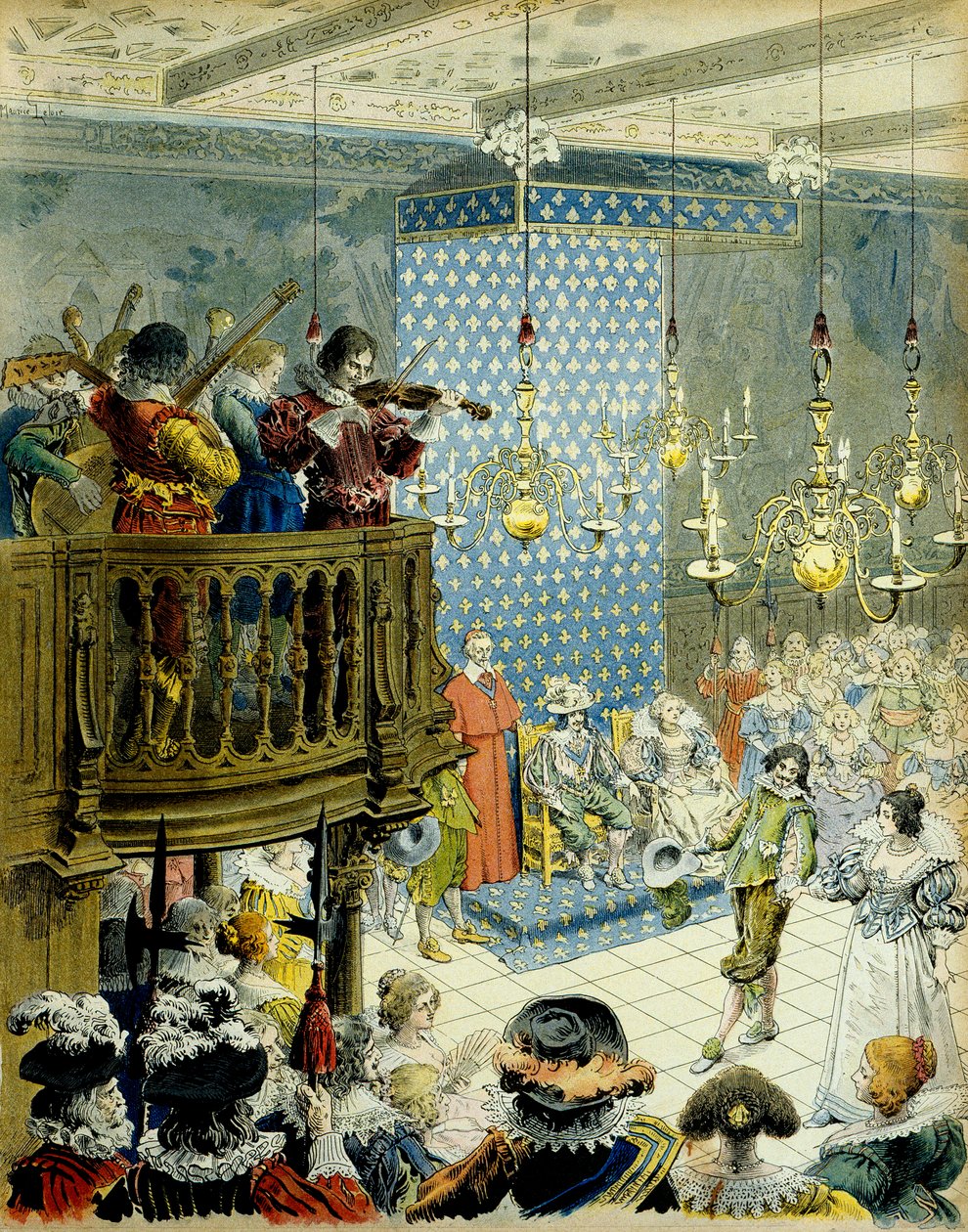 تاريخ فرنسا: كرة في ملعب الملك لويس الثالث عشر (1601-1643) مع الملكة ماري دي ميديسي (1575-1642) والكاردينال ريشيليو (أرمان جان دو بليسيس) بواسطة موريس ليلوار