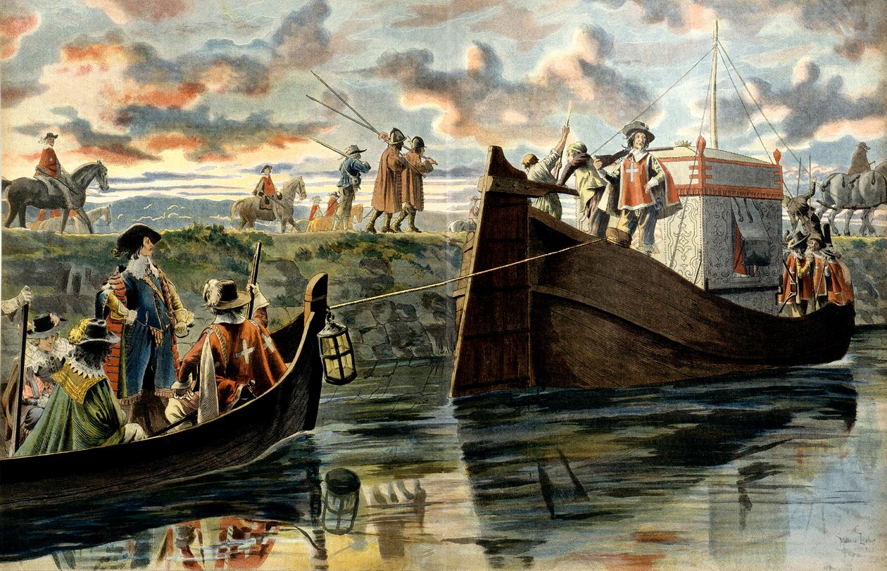 History of France: Armand Jean Du Plessis, Cardinal of Richelieu (1585-1642) goes up the Rhone dragging behind his boat or Henri Coiffier of Ruze d