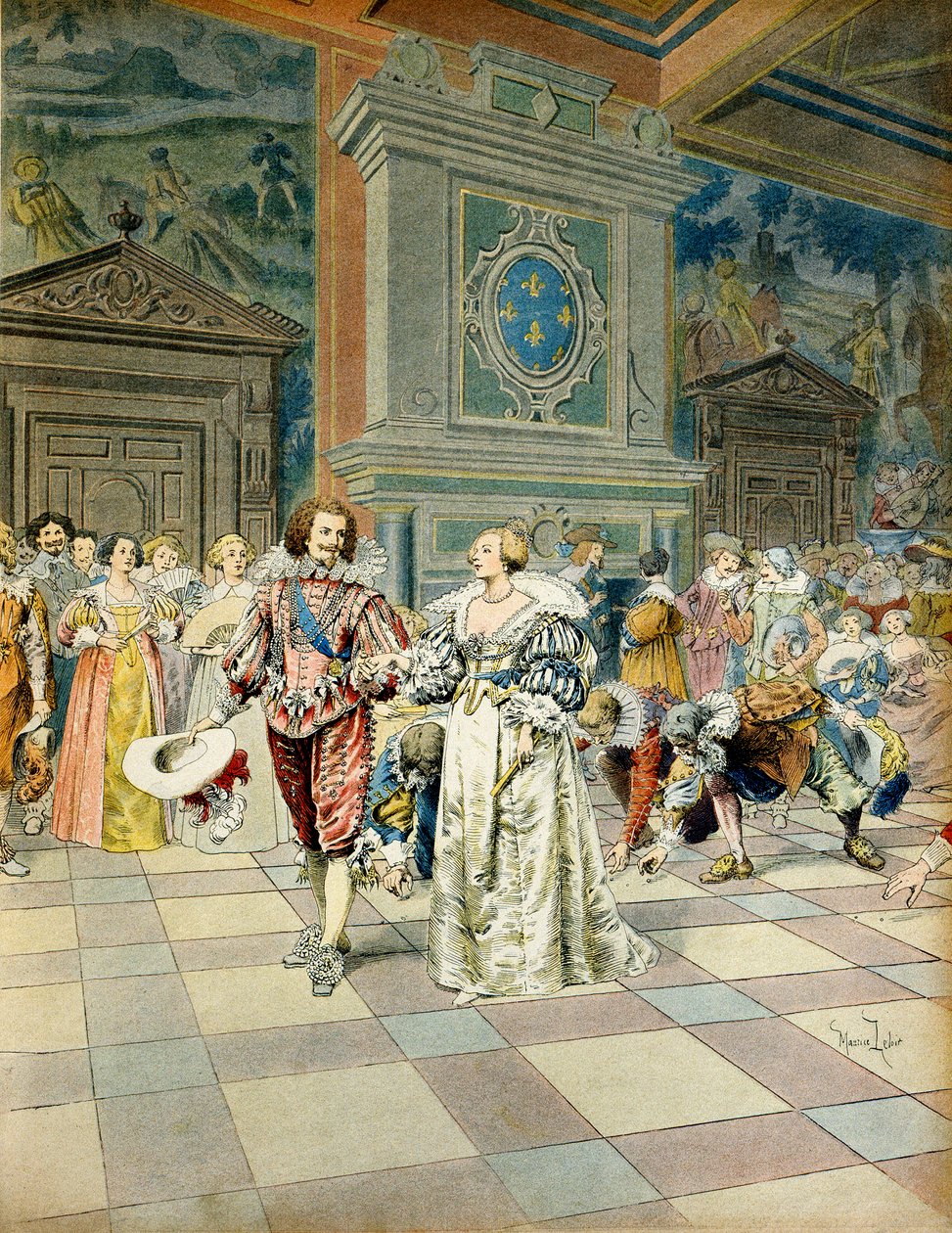History of France: George Villiers, Duke of Buckingham (1592-1628) at the court of France, sowed his pearls under the footsteps of the courtiers. Illustration by Maurice Leloir (1853-1940) in “” Richelieu”” بواسطة موريس ليلوار