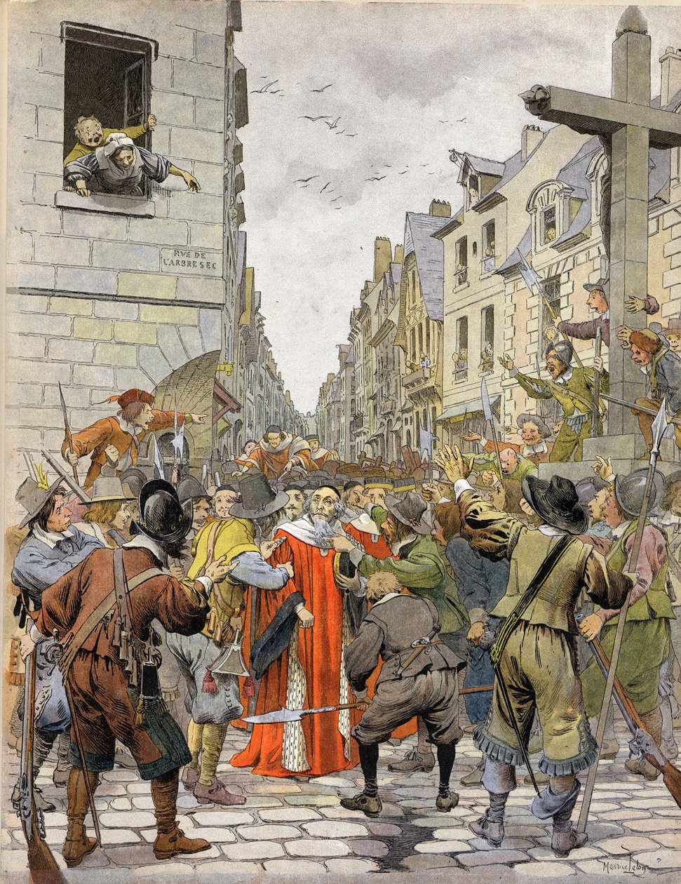La Fronde: Journees des Barricades (أغسطس 1648): عند تقاطع Trahoir (عند زاوية شوارع Saint Honore (Saint-Honore) و Dry Arbre في باريس) ، يطالب الحشد ماثيو مول (1584-1656) ، أول رئيس للبرلمان ، انتقل إلى Palais R بواسطة موريس ليلوار