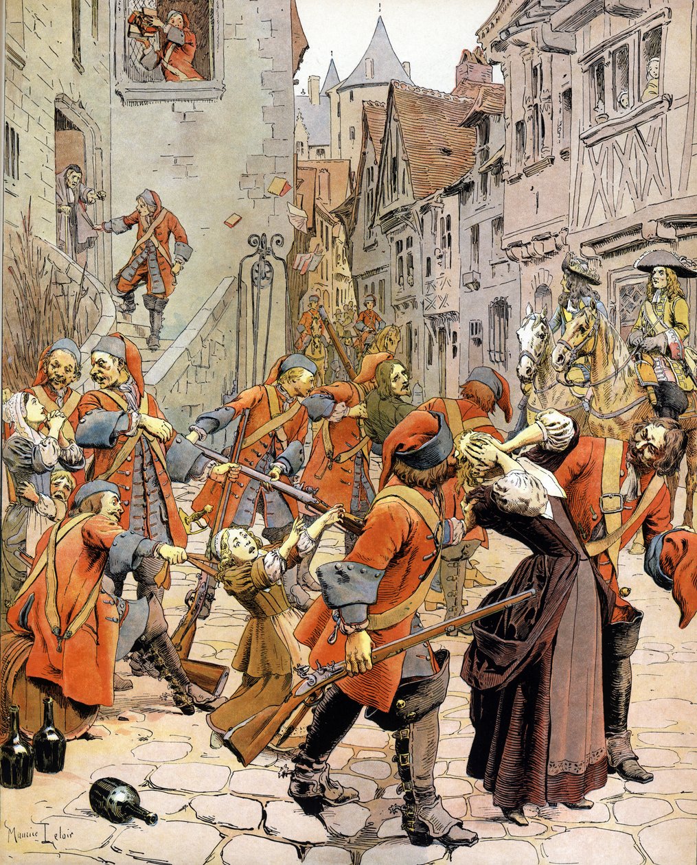 ليه دراجوناديس (1681-1685): تشتيت عائلة بروتستانتية على يد قوات التنانين المكلفة بتحويل البروتستانت. اللوني في "" Le Roy Soleil "(لويس الرابع عشر) بقلم غوستاف توتويلف ، رسم لموريس ليلوار (1853-1940) بواسطة موريس ليلوار