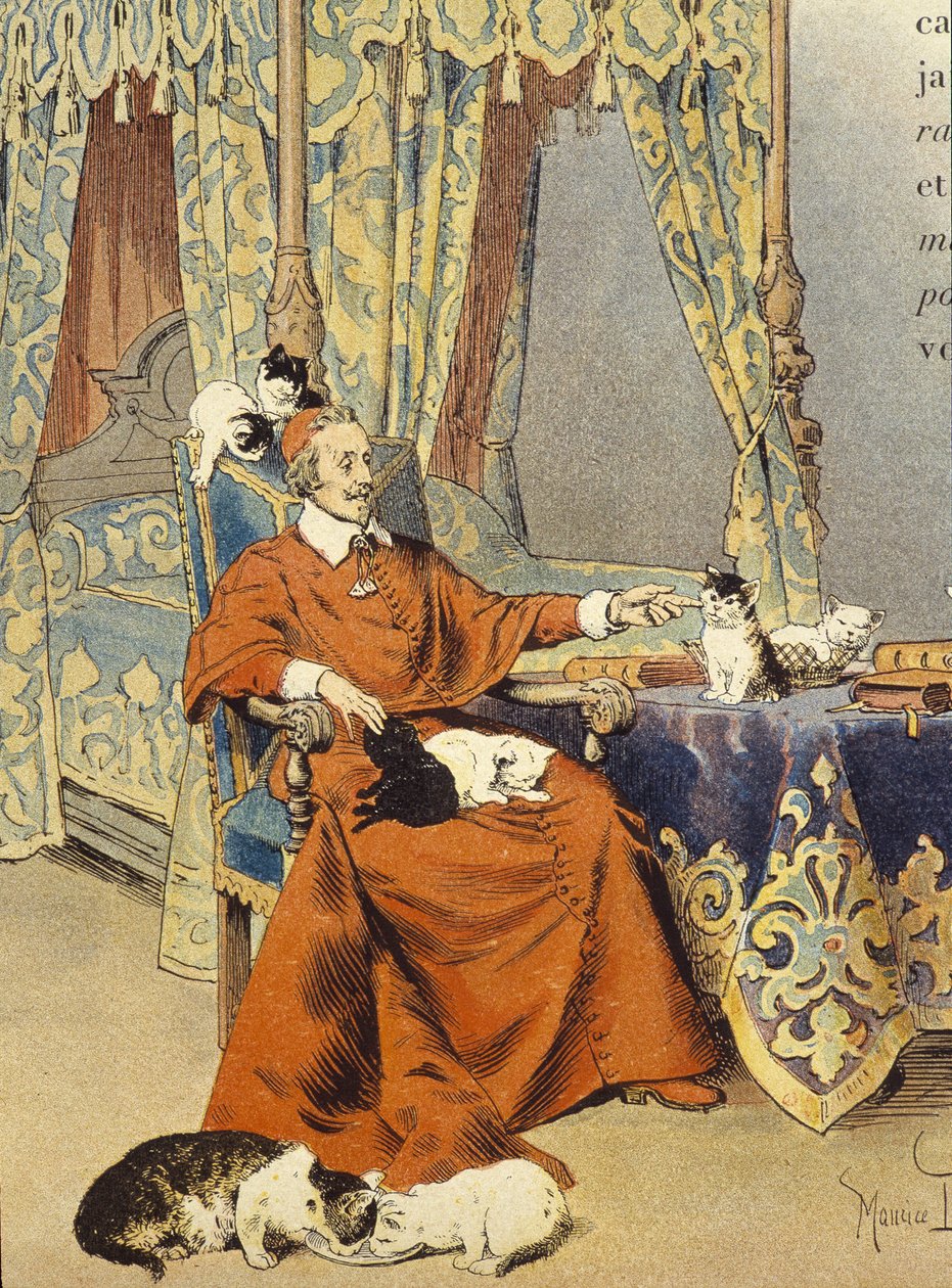 يلعب الكاردينال مع قططه التي أحبها بشكل خاص - في "Richelieu" لموريس ليلوار ، ديب. القرن ال 20 بواسطة موريس ليلوار