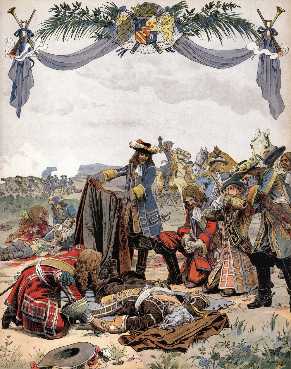 وفاة Henri de la Tour d'Auvergne Viscount de Turenne (1611-1675) ، بالقرب من Sasbach (أو Salzbach) في الألزاس في 27 يوليو 1675 أثناء حرب هولندا. رسم اللوني في "" Le Roy Soleil "(لويس الرابع عشر) بواسطة Gustave Toutwelve ، رسم توضيحي لمور بواسطة موريس ليلوار