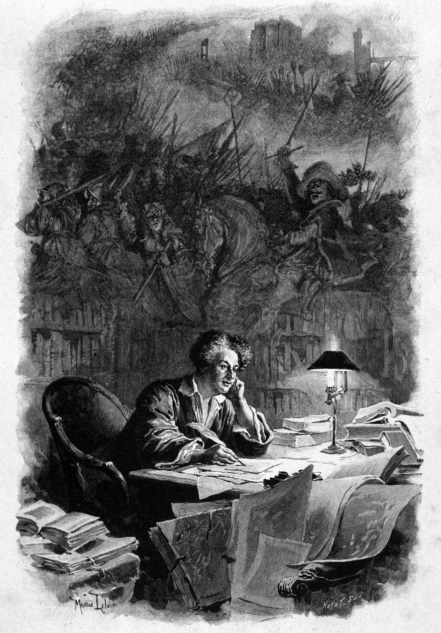 كان للكاتب الفرنسي ألكسندر دوما (1802-1870) مكتبه يكتب "الفرسان الثلاثة" في أوائل أربعينيات القرن التاسع عشر. رسم لموريس ليلوار (1851-1940). حقوق محفوظة بواسطة موريس ليلوار