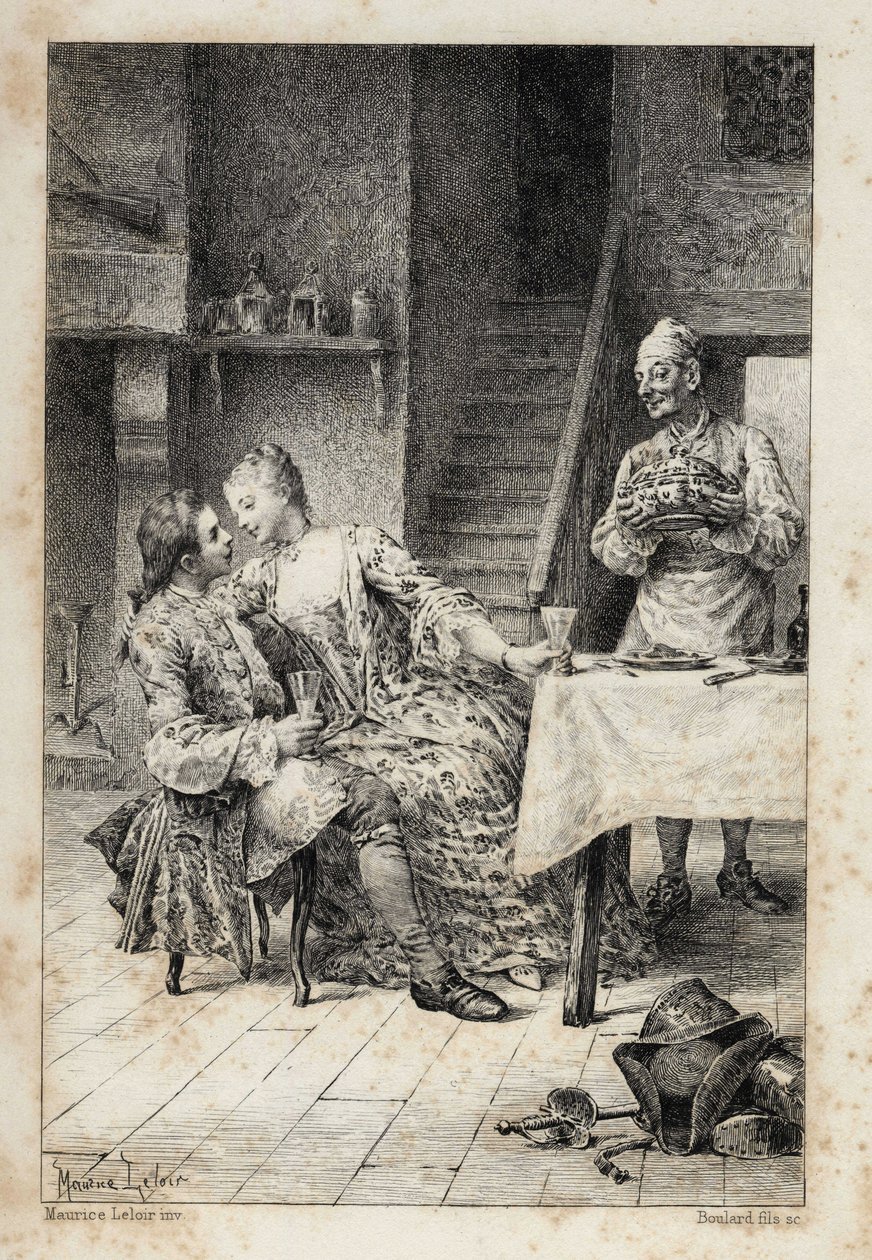 في "تاريخ مانون ليسكا وشوفالييه دي جريوكس" للكاتب الفرنسي لاب بريفوست (1697-1763). نقش بعد رسومات موريس ليلوار (1885). بواسطة موريس ليلوار