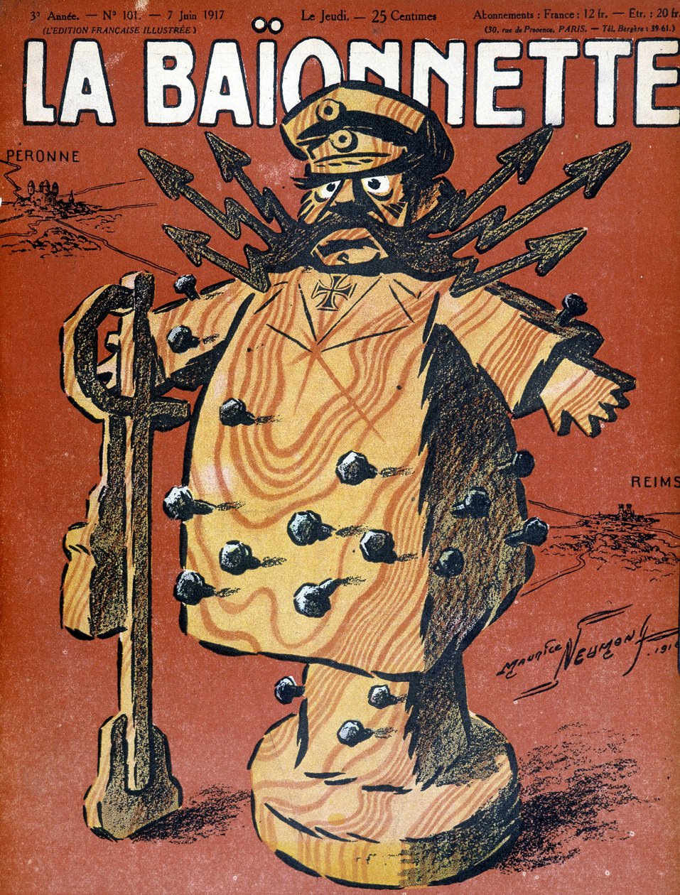 كارتون هيندنبورغ (1847-1934) ، مارشال ورجل دولة ألماني. رسم توضيحي لغلاف جريدة "La Baionnette" في يونيو ١٩١٧. بواسطة موريس لويس هنري نيومونت