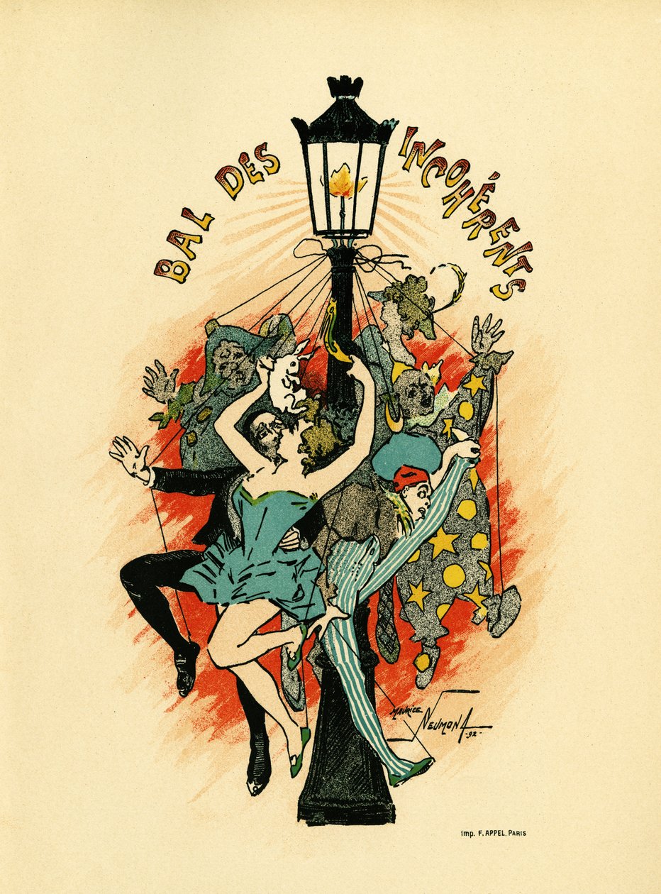 ملصق pour le bal des incoherents ، تم تنظيمه بين عامي 1885 و 1896 في باريس كجزء من الحركة الفنية التي أطلقها Jules Levy في عام 1882 ، les Arts incoherents ، Illustration en lithographie de Maurice Neumont (1868-1930) ، في Les Programs Illustres بواسطة موريس لويس هنري نيومونت