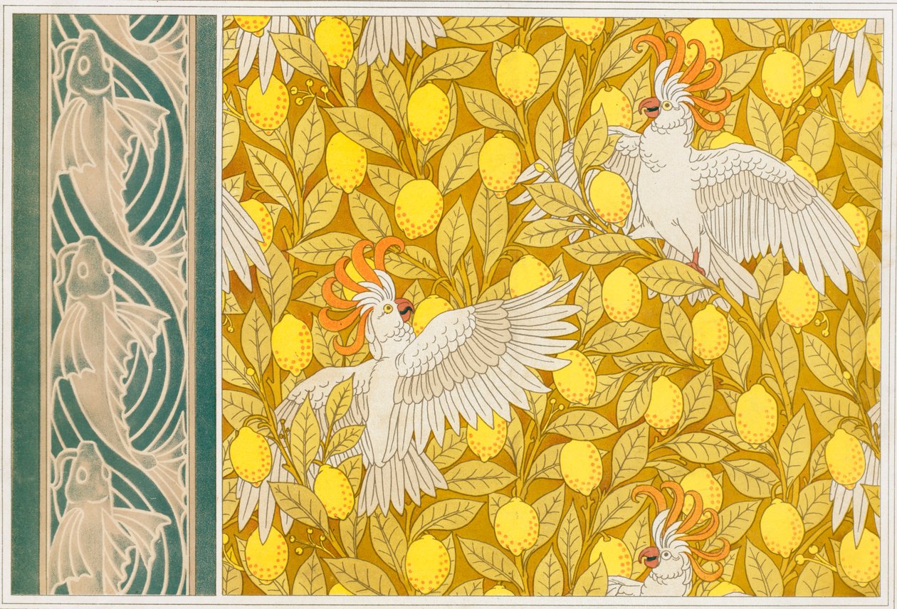 تصميم لببغاوات ورق الحائط مع الليمون وورق الحائط مع Flying Fish ، حانة. 1897. بواسطة موريس بيلارد فيرنويل