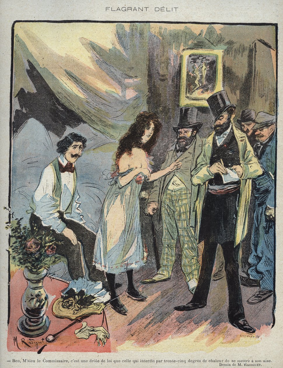رسم توضيحي لموريس راديجيه (1866-1941) للمجلة الفرنسية "Le Rire" "رقم 46 de 1895 -" "Flagrant Delit" "- مفوض بن مسيو ، إنه قانون مضحك يحظر بمقدار 35 درجة من الحرارة من يشعر بالراحة "" بواسطة موريس راديجيت