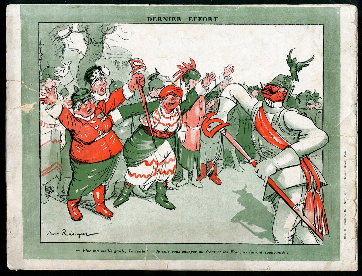 رسم توضيحي لموريس راديجيه (1866-1941) في Mode في ألمانيا ، كاليفورنيا. 1915 - الجهد الأخير - حرب 14-18 ، ألمانيا بروسيا ، أزياء ، ثلاثية - ويليام الثاني بواسطة موريس راديجيت
