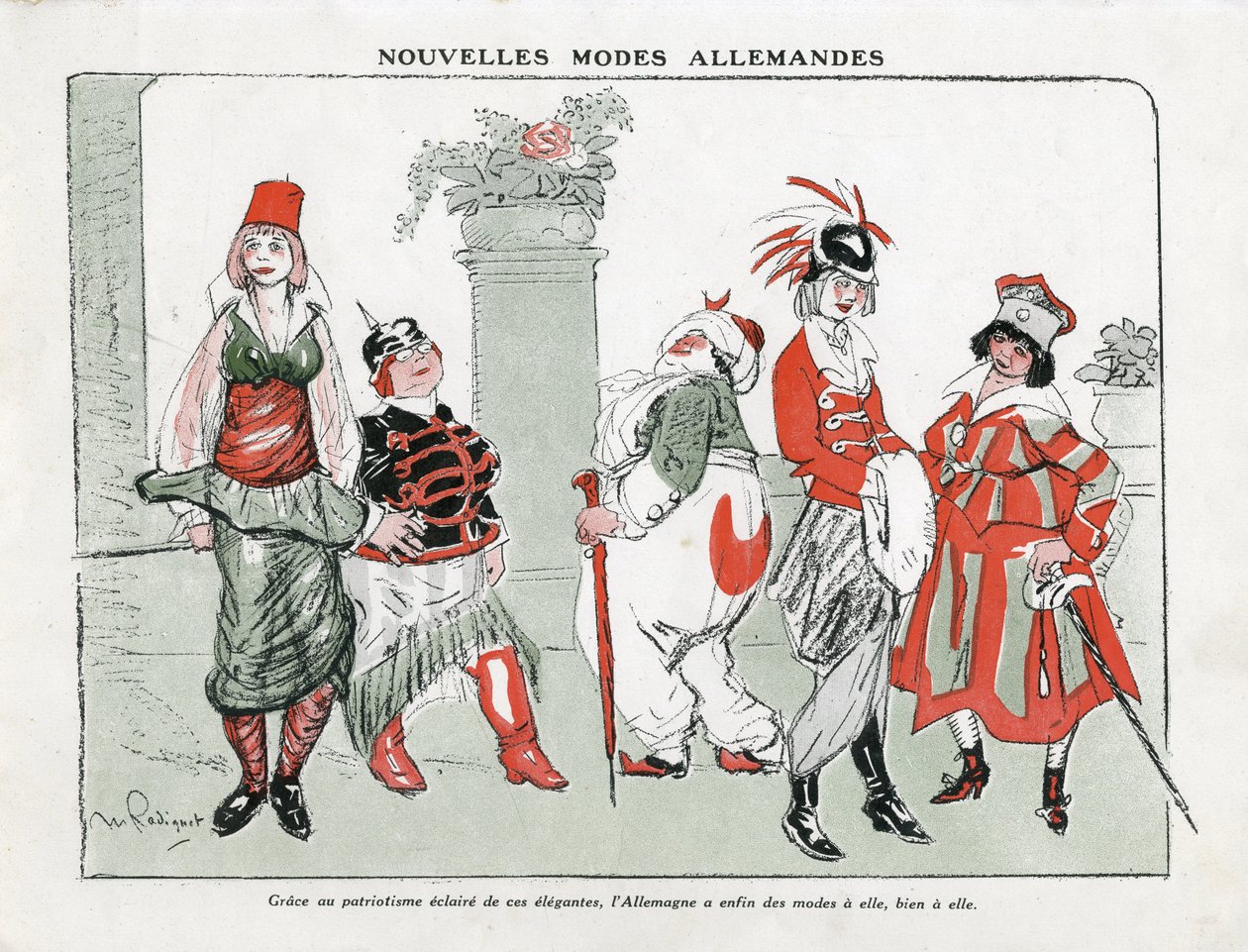 رسم توضيحي لموريس راديجيه (1866-1941) في Mode في ألمانيا ، كاليفورنيا. 1915 - أوضاع ألمانية جديدة - حرب 14-18 ، ألمانيا بروسيا ، تركيا ، أزياء ، ثلاثية - نساء بواسطة موريس راديجيت