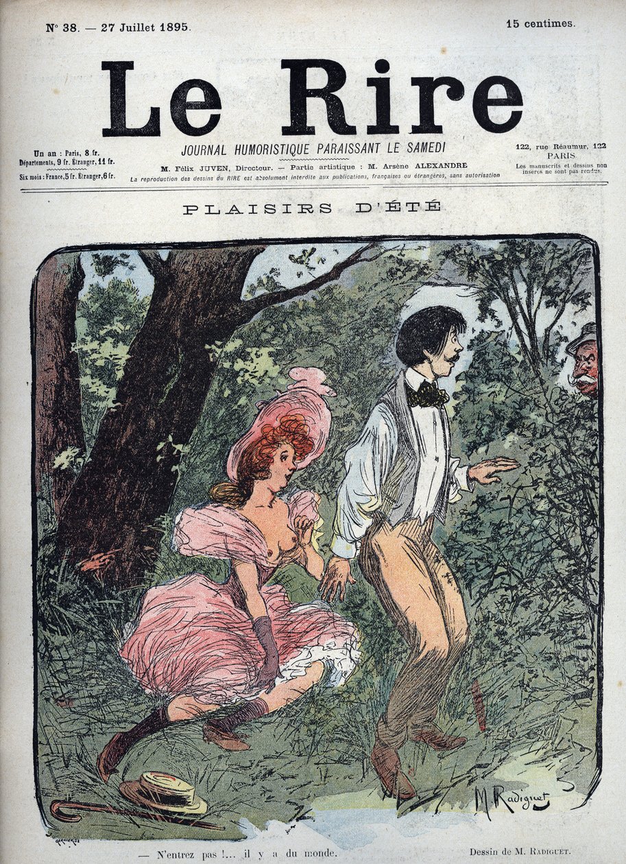 الصيف Plaisirs - اثنين من العشاق يفاجأون في غابة من قبل أحد المارة - Lustrated لموريس راديجيه (1866-1941) للمجلة الفرنسية "Le Rire" رقم 38 de 1895 بواسطة موريس راديجيت