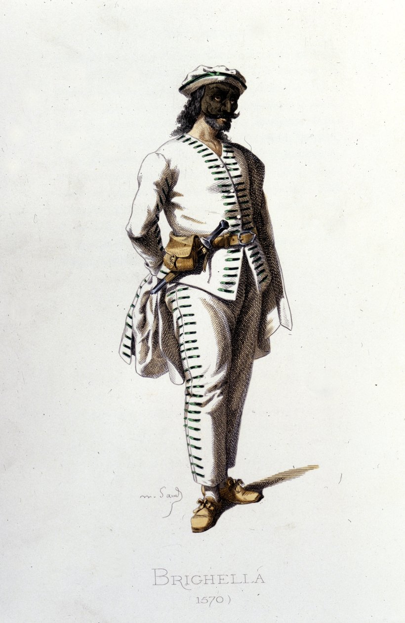 شخصية Brighella في عام 1570. موريس ساند "" أقنعة ومهرجين "باريس القرن التاسع عشر. (كان موريس ساند ابن جورج ساند). بواسطة موريس ساند