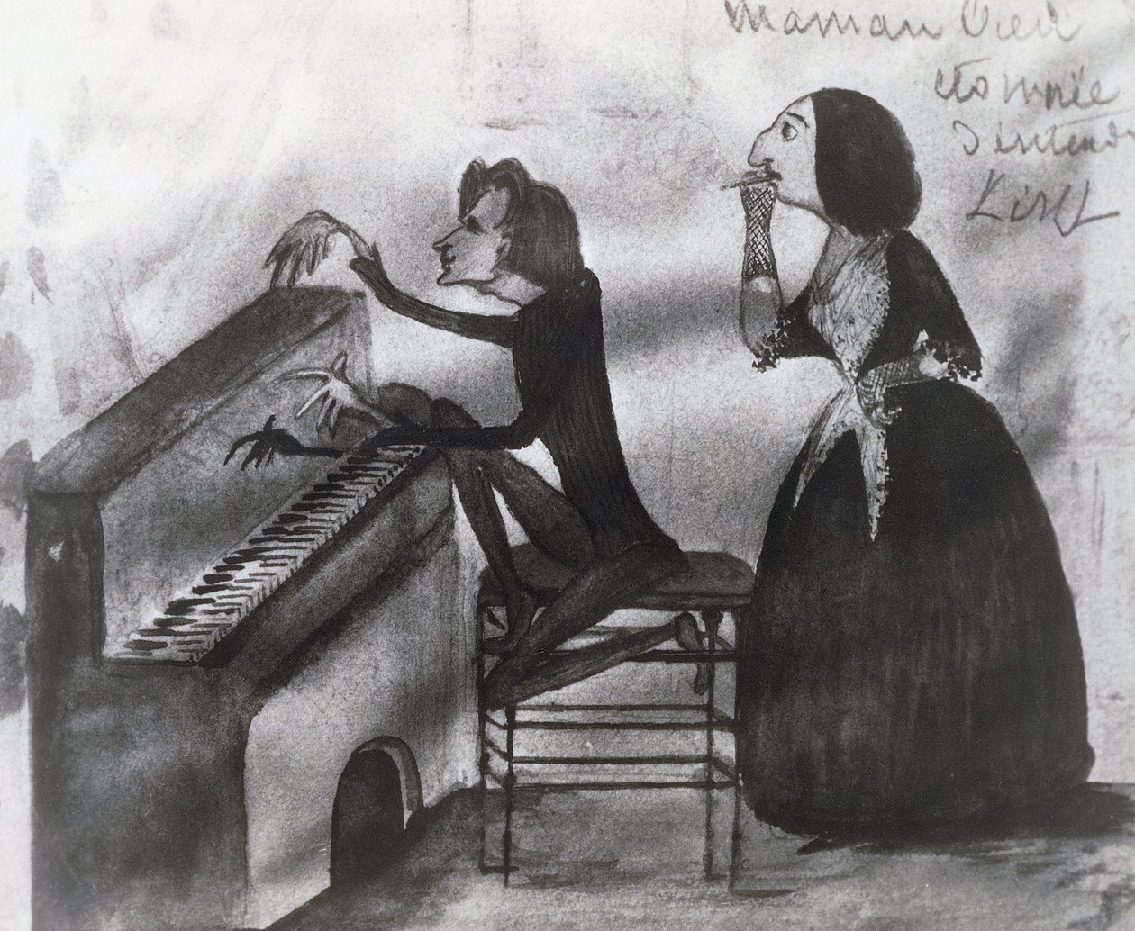 رسم كاريكاتوري لفرانز ليزت (1811-1886) وجورج ساند (1804-1876) في نوهانت عام 1832 ، رسم لموريس ساند (1825-1889) بواسطة موريس ساند