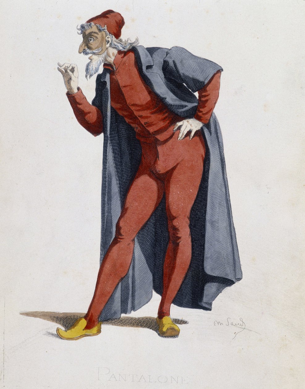 الأزياء والشخصية المسرحية: Pantalone (سروال ، طبيب) Tire from "" Masques et bouffons "" (الكوميديا الإيطالية) ، نصوص ورسومات لموريس ساند ، مطبوعات بواسطة A.Manceau ، مقدمة بقلم جورج ساند ، باريس ، ميشيل ليفي فرير بواسطة موريس ساند