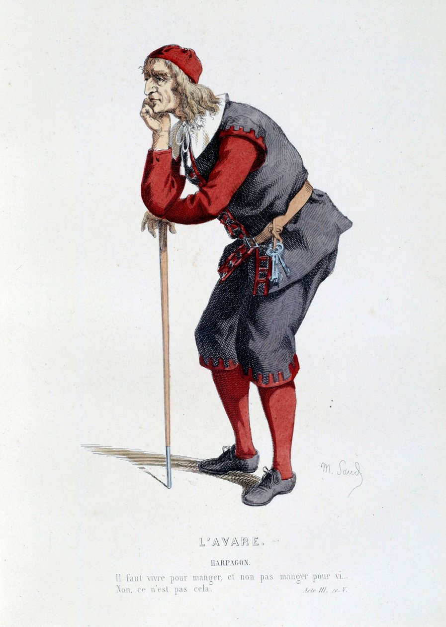 زي لشخصية هارباغون في قطعة "لافاري" لموليير (جان بابتيست بوكلين). رسم توضيحي لموريس ساند (1823-1889) في القرن التاسع عشر في باريس ، كوميديا فرنسية بواسطة موريس ساند