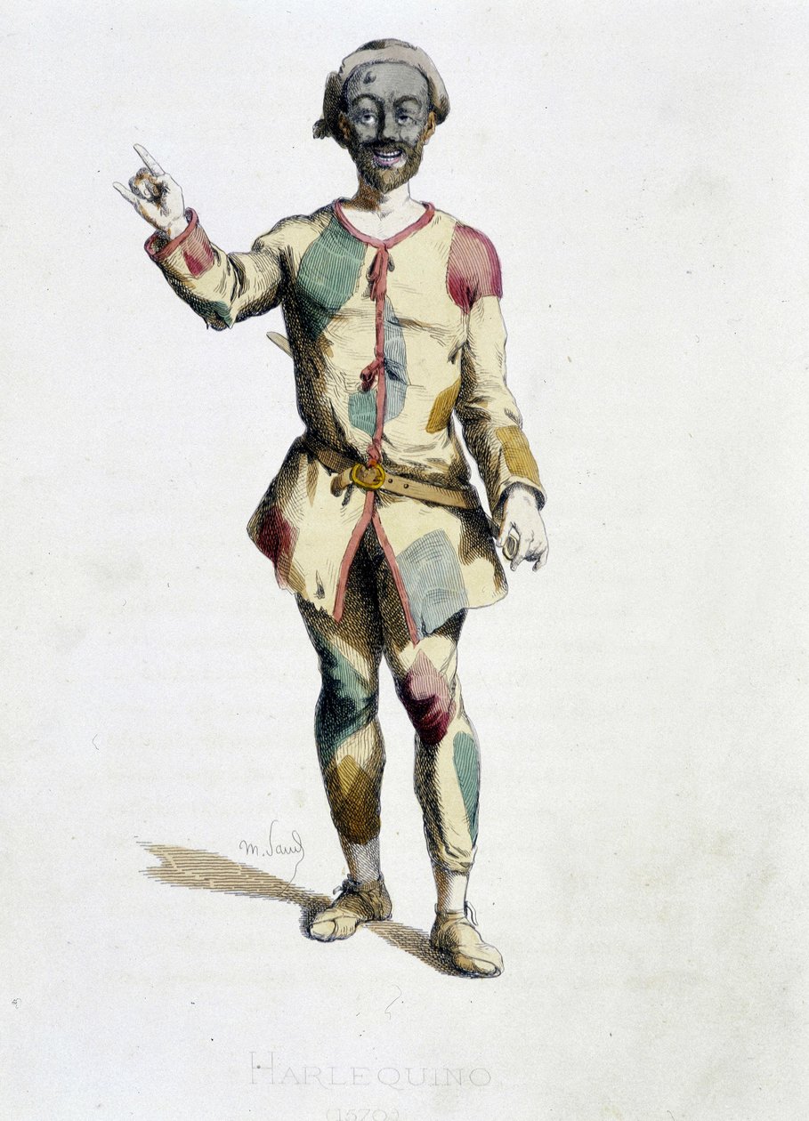يستمد Harlequin (Arlechino) من "" Masques et bouffons "(الكوميديا الإيطالية) ، والنصوص والرسومات التي كتبها موريس ساند ، والمطبوعات التي كتبها A.Manceau ، ومقدمة بقلم جورج ساند بواسطة موريس ساند