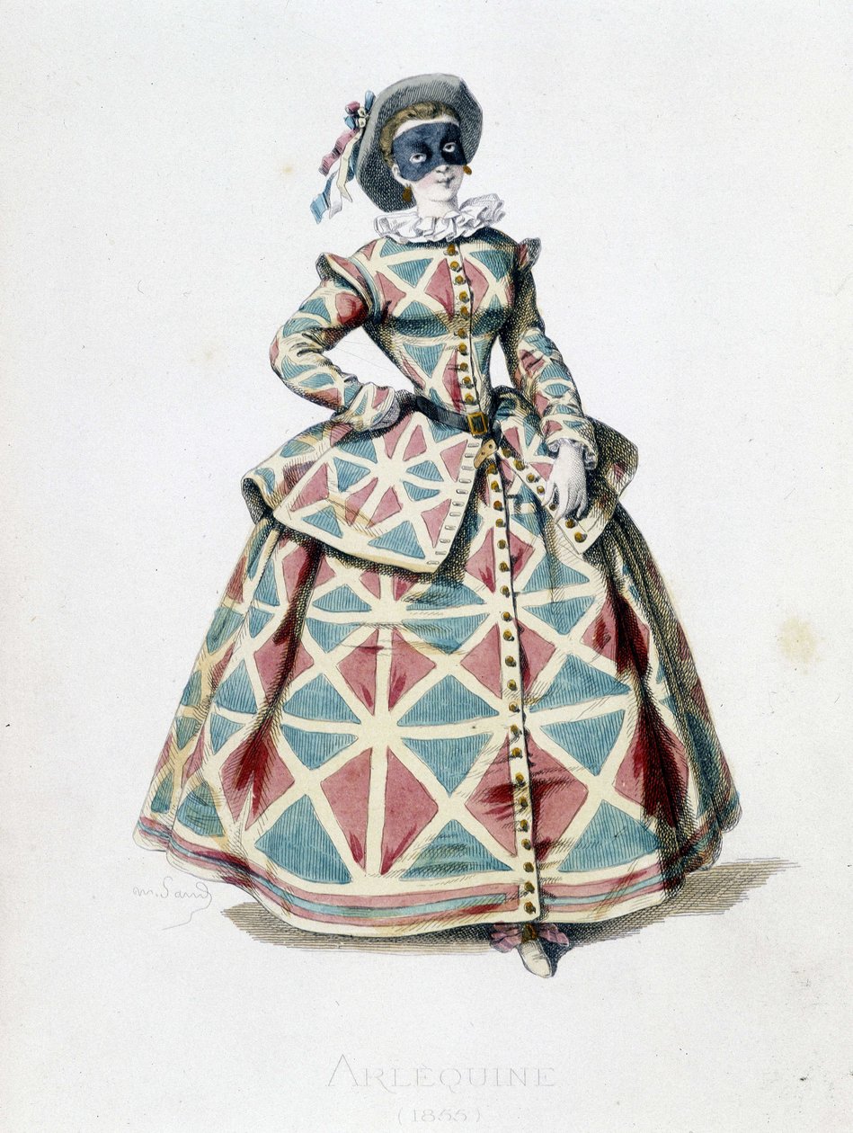 زي وقناع مهرج في عام 1855 ، شخصية أنثوية من Harlequin في commedia dell'arte. نقش من قبل A.Manceau من "" Masques et Bouffons "" ، نص ورسومات لموريس ساند (1823-1889) ، مقدمة لجورج ساند بواسطة موريس ساند