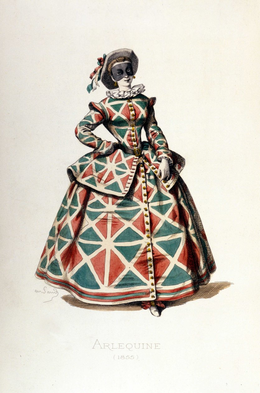 زي وقناع مهرج في عام 1855 ، شخصية أنثوية من Harlequin في commedia dell'arte. نقش من قبل A.Manceau من "" Masques et Bouffons "" ، نص ورسومات لموريس ساند (1823-1889) ، مقدمة لجورج ساند بواسطة موريس ساند
