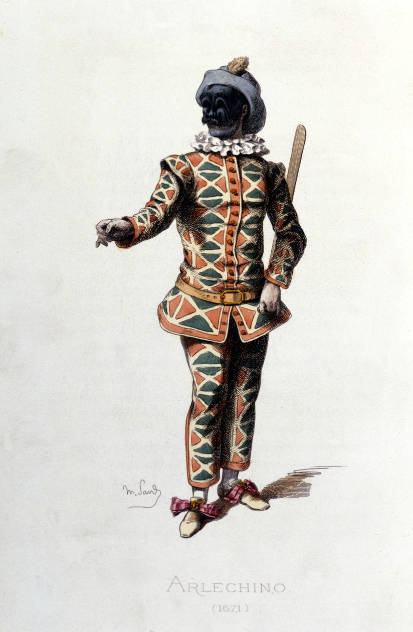 Harlequin في 1671. موريس ساند "" الأقنعة والمهرجين "باريس القرن التاسع عشر. (كان موريس ساند ابن جورج ساند). بواسطة موريس ساند