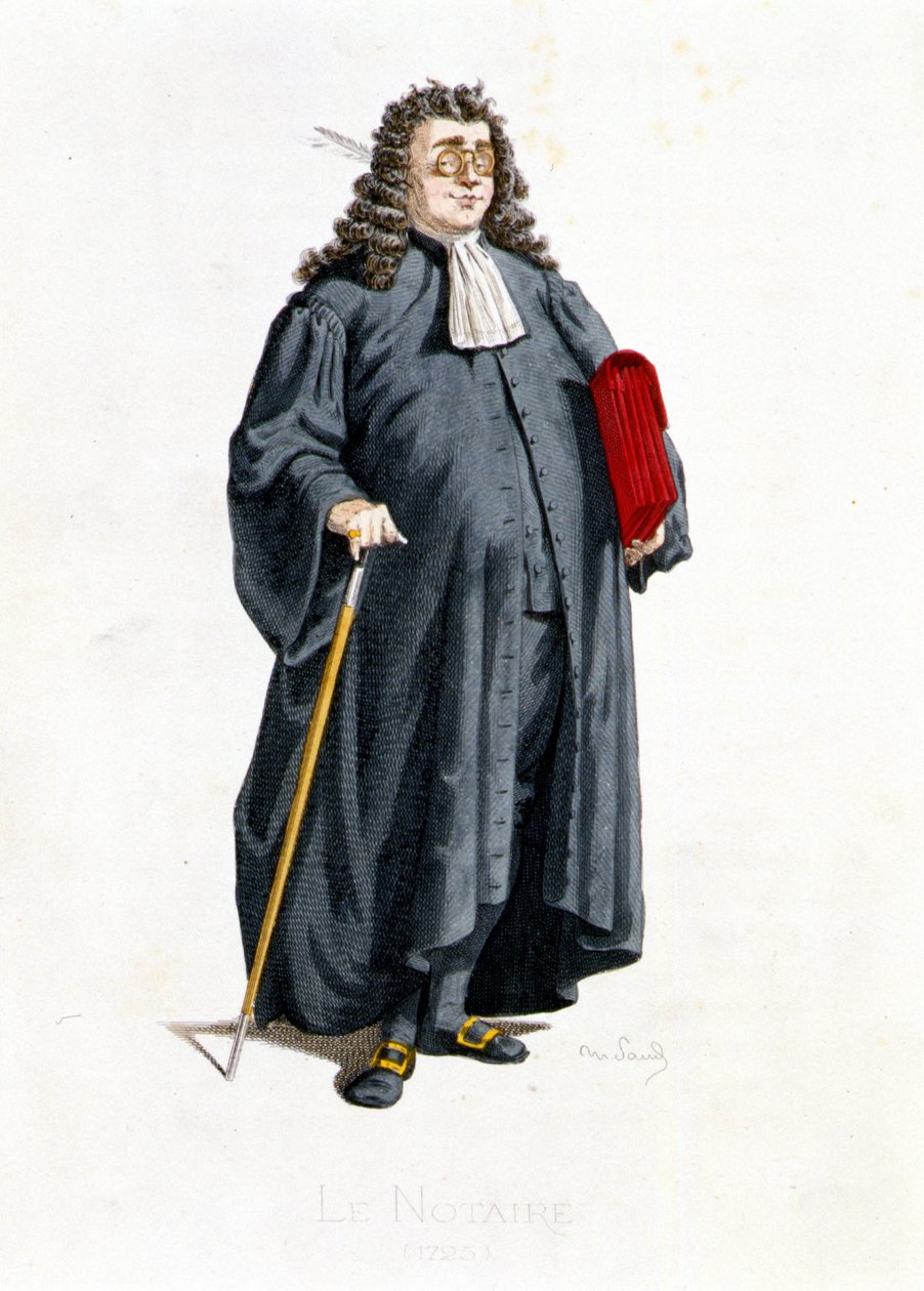 Le Notaire في "" Masques et bouffons "(الكوميديا ​​الإيطالية) ، نصوص ورسومات بقلم موريس ساند ، نقوش بواسطة أ.مانسو ، مقدمة بقلم جورج ساند ، باريس ، ميشيل ليفي فرير بواسطة موريس ساند