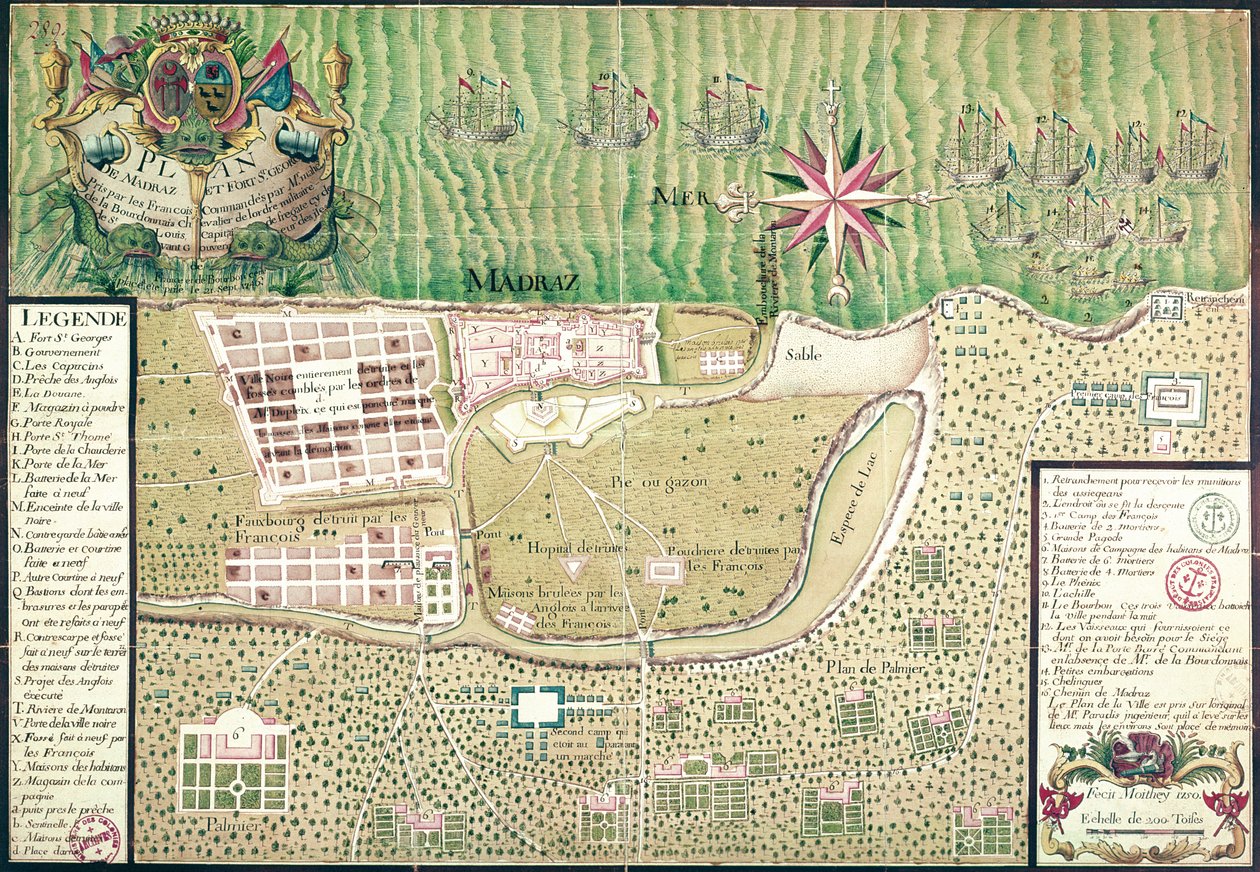 خريطة مدراس في وقت الاستيلاء على المدينة وحصن سانت جورج في 1746 من قبل الفرنسيين تحت قيادة ماهي دي لا بوردونيه ، 1750 9 نقش ملون) بواسطة موريل أنطوان معيثي