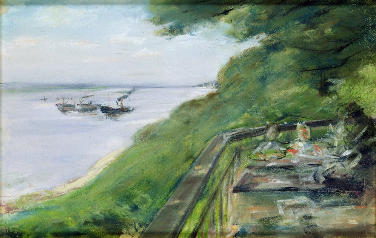 The Terrace at Jacob&39;s Restaurant in Nienstedten-an-der-Elbe، 1902 (باستيل على ورق) بواسطة ماكس ليبرمان
