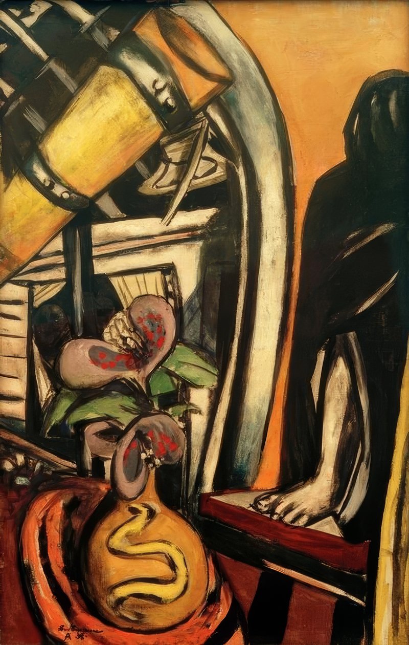 Atelier (Nacht). Stilleben mit Fernrohr und verhüllter Figur بواسطة ماكس بيكمان