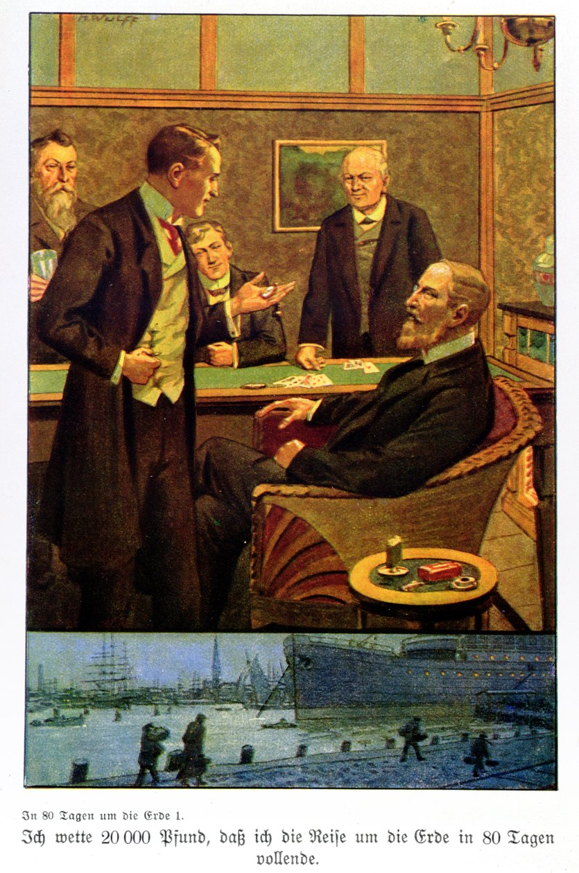 يراهن Phileas Fogg في نادي Reform Club على أنه يمكنه السفر حول العالم في 80 يومًا ، وهو رسم توضيحي من إصدار نُشر في برلين بواسطة ماكس وولف