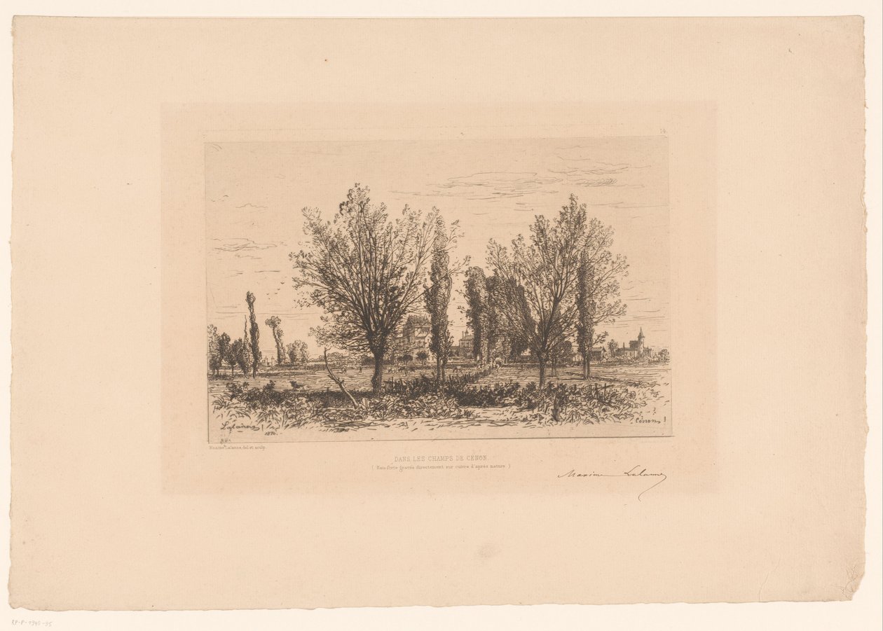 منظر طبيعي مع مرج وإطلالة على مدينة Dans les Champs de Cénon. (العنوان على الكائن) بواسطة ماكسيم فرانسوا أنطوان لالان (توقيع الفنان)