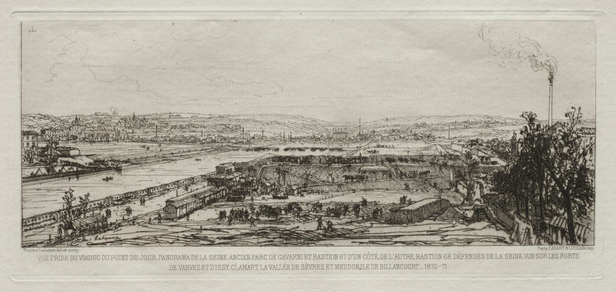 ذكريات فنية عن حصار باريس: منظر مأخوذ من جسر Pont-du-Jour ... ، 1870-1871. بواسطة مكسيم لالان