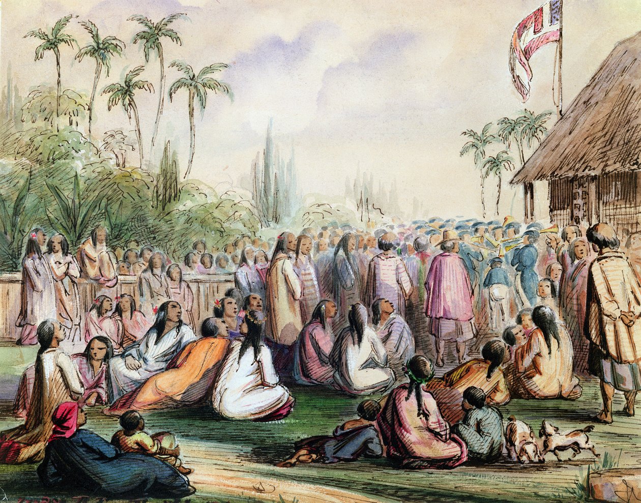 جناح المحمية الفرنسية في تاهيتي عام 1842 ، 1842-48 (مرحاض وحبر على ورق) بواسطة ماكسيميليان راديجيت