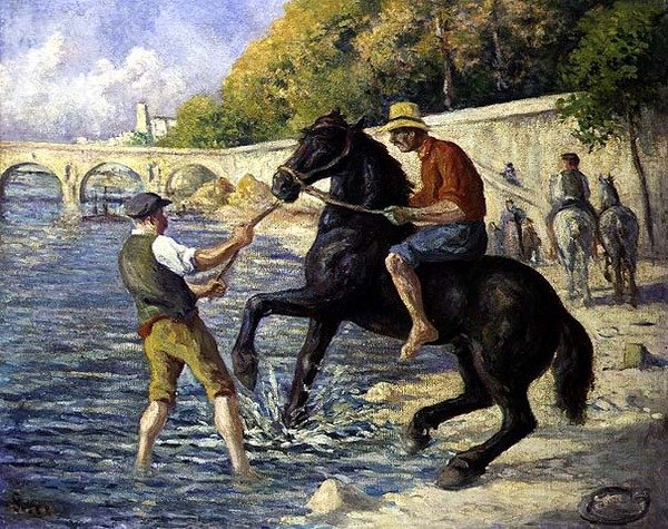 الاستحمام على الخيول حوالي عام 1910 (زيت على قماش) بواسطة ماكسيميلين لوس