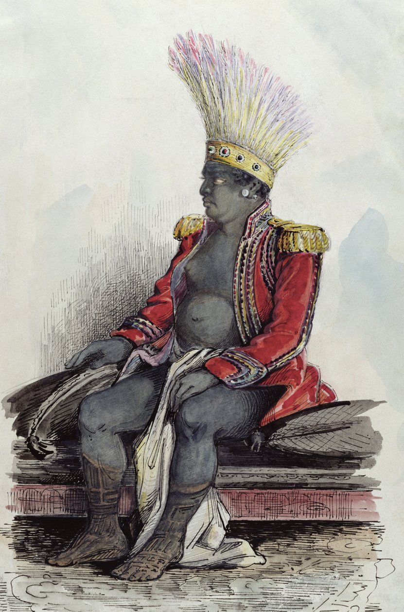 الملك تيموانا في جزيرة نوكا-هيفا مرتديا زي كولونيل فرنسي ، 1841-48 (قلم وحبر ومرحاض على ورق) بواسطة ماكسيميليان راديجيت
