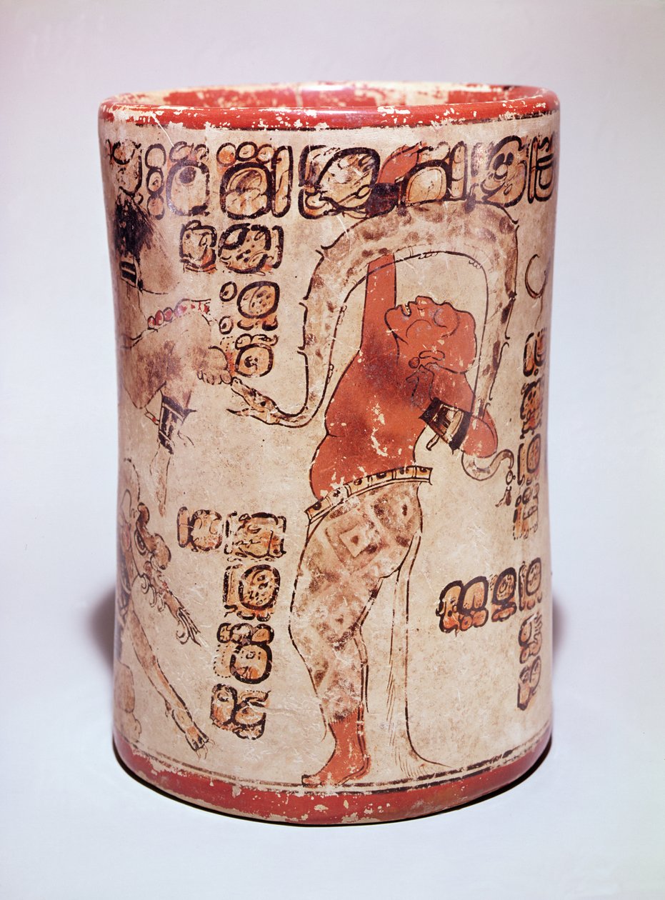 جرة تصور رجلاً يرقص مع ثعبان ، وجدت في قبر في Altar de Sacrificios ، Classic Maya (الفخار) (انظر أيضًا 351822) بواسطة المايا