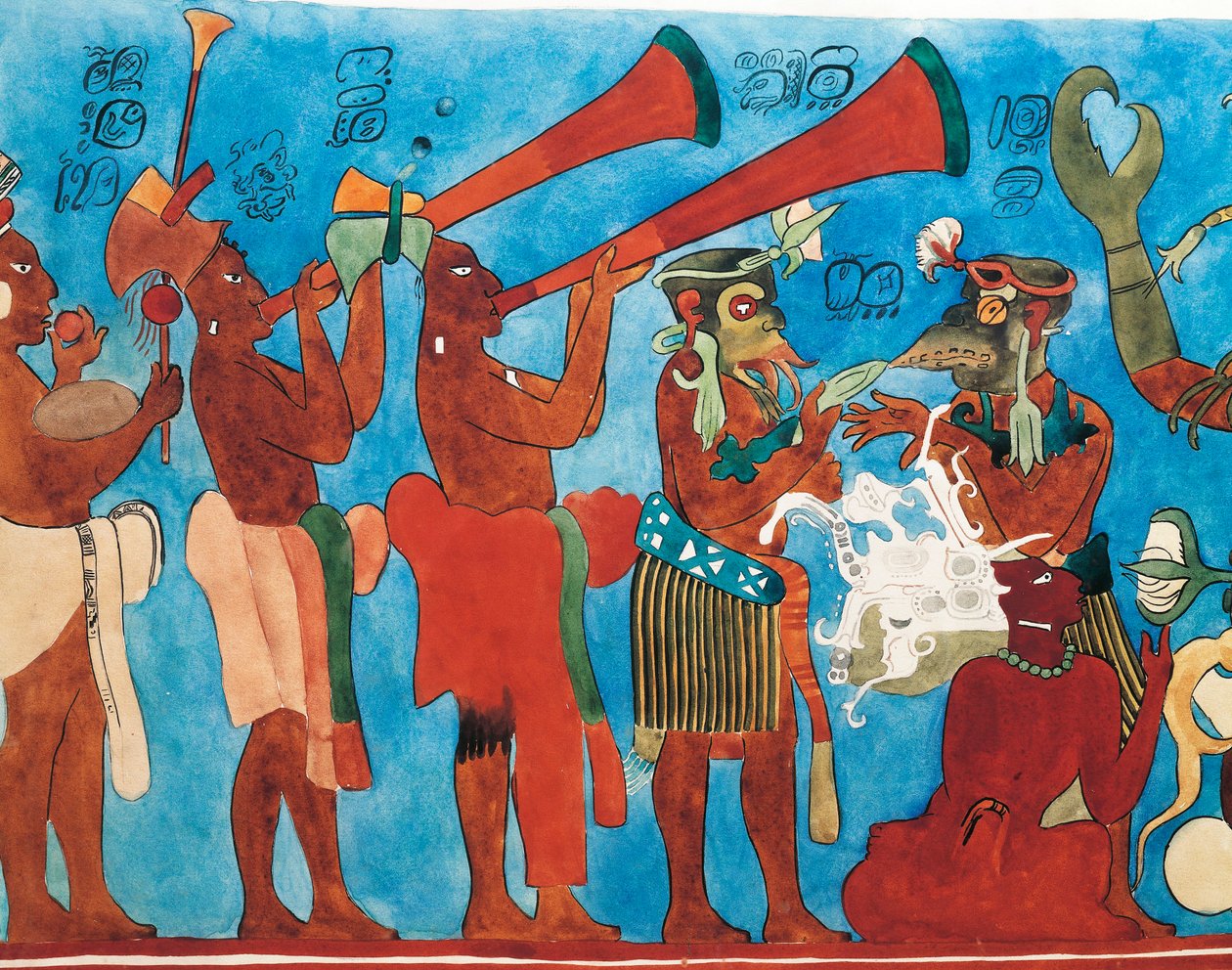 استنساخ اللوحات الجدارية Bonampak ، التفاصيل مع موسيقيين من المكسيك ، تشياباس ، بونامباك (في الهواء الطلق) بواسطة المايا